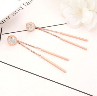 China Round full diamond stud Tassel pendant rose gold earrings Stainless steel fashion earrings wholesale supplier