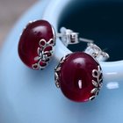 Sterling Silver Retro Style Oval Synthetic Ruby Stud Earrings (046690)