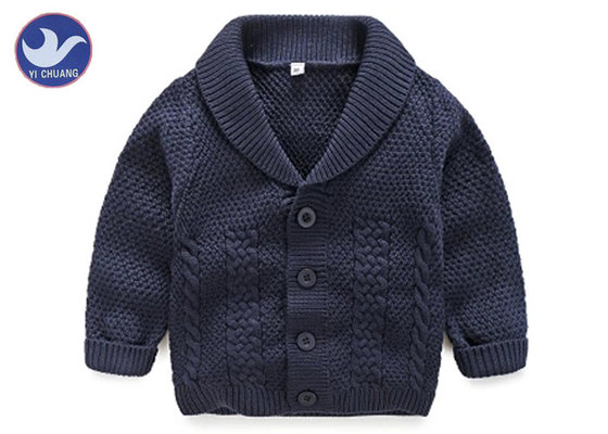 Lapel Collar Boys Navy Blue Cardigan Sweater , Children's Knitted Jackets Cotton