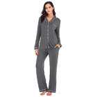 Amazon Hot Sale Viscose Spring Autumn Long Sleeves Buttons 2 Piece Womens Sleepwear Set Pajamas Homewear Femm