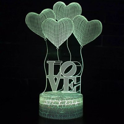 Love & Heart Shape LED 3D Optical Illusion Smart 7 Colors Night Light Table Lamp with USB Cable