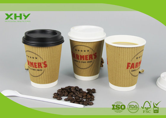 China 12oz Food Grade Custom Logo Printed Brown Kraft Ripple Paper Cup with Lids supplier
