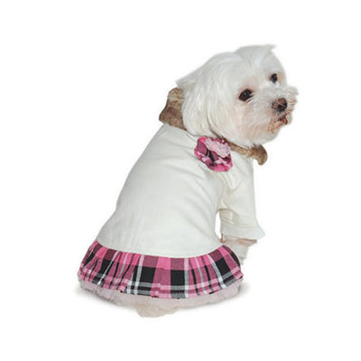 Classic school girl Small Breed Dog dress plaid skirt and lace and faux fur collar