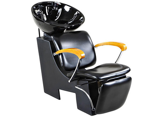 China Tilted Footrest Salon Shampoo Chairs And Bowl With Wooden Armrest , High End Salon Furniture supplier
