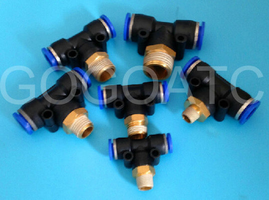 China Air t connector 3 way plastic tee fitting 8mm thread 3/8 inch male PB 8-03 pneumatic hose solenoid valve joint supplier